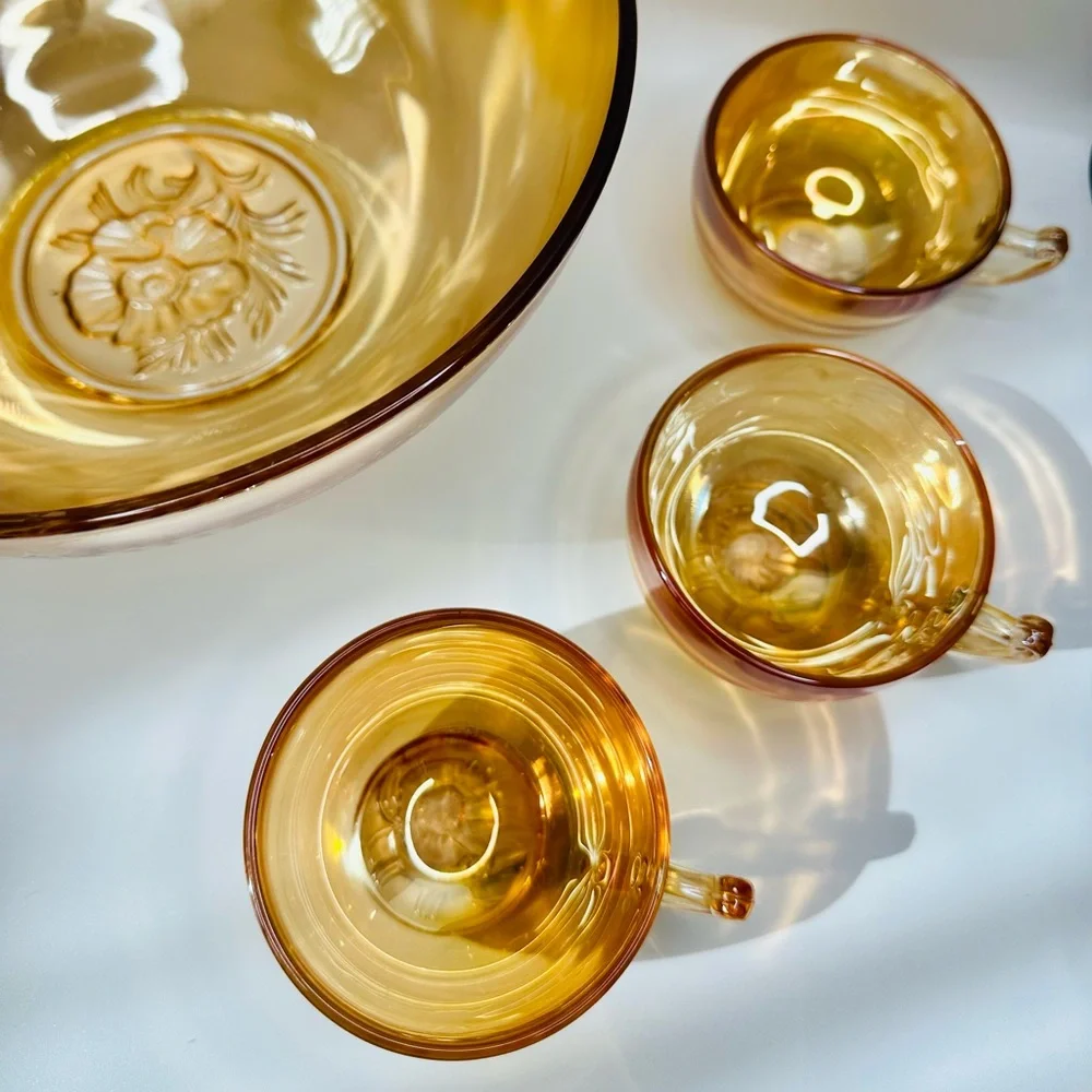 1950s Jeanette Glass Marigold Carnival Glass Egg Nog Punch Bowl and Cup Set